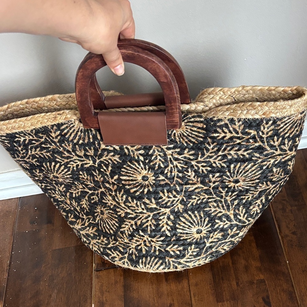Joy Susan Black & Natural Embroidered Woven Tote with Wooden Handles